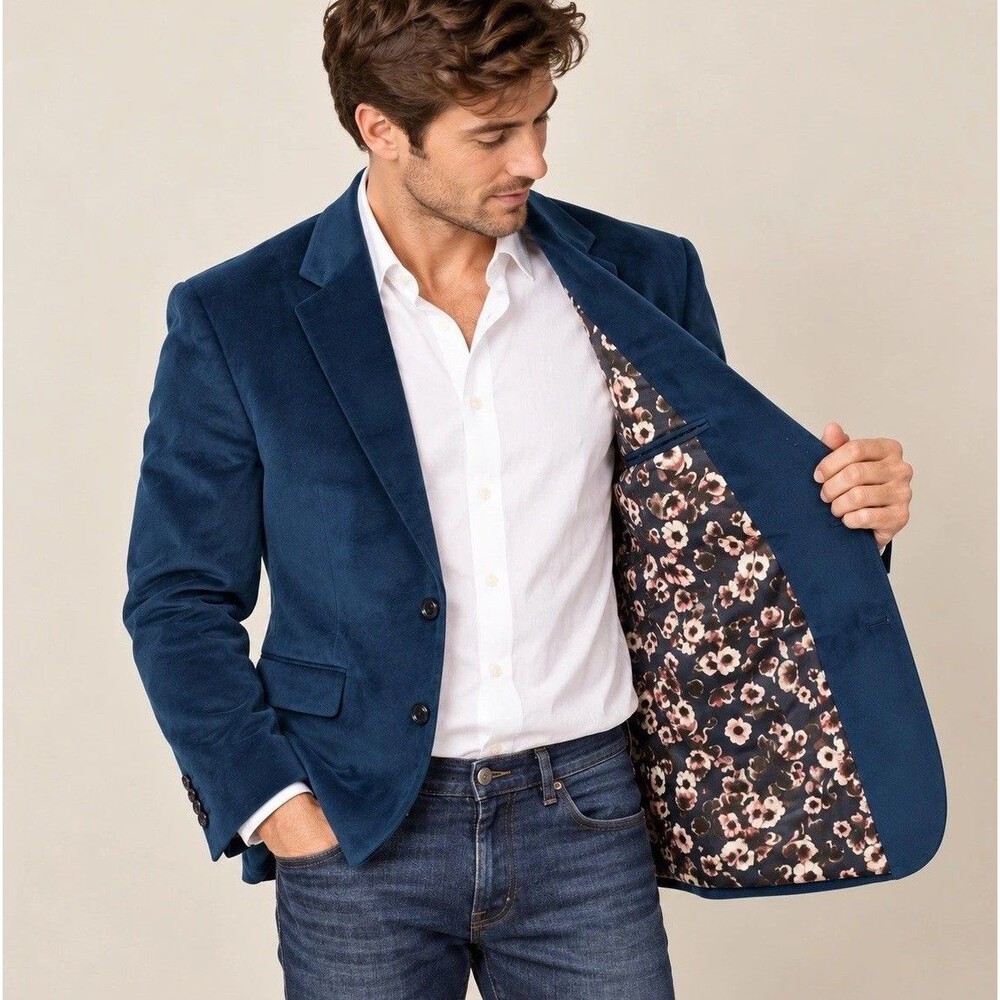 Original Penguin Port Velvet Sport Coat Mens Blue Slim Fit Floral Lined NWOT